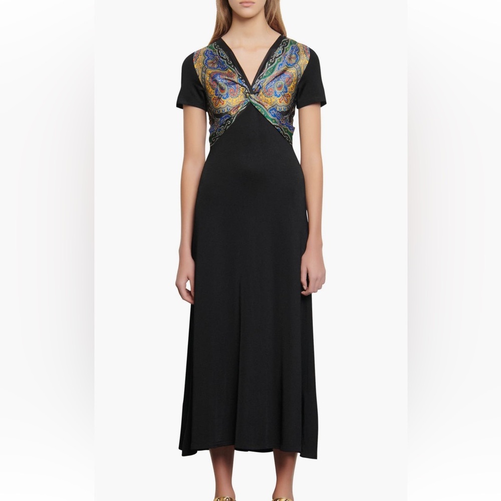 SANDRO Rabba Printed Satin Twill paneled Jersey Midi Dress Black size 6 $695 - Picture 2 of 16